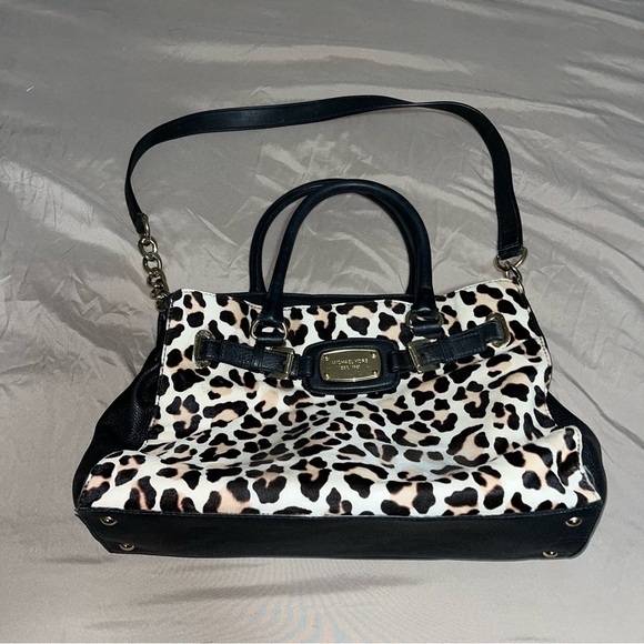 Michael Kors Hamilton Black Leather Leopard Cheetah Calf Hair Shoulder Bag - Picture 1 of 11